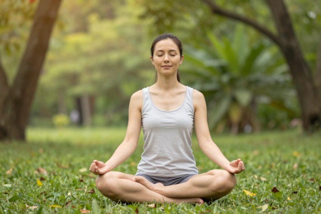 Person practicing grounding technique in peaceful natural setting for nervous system regulation
