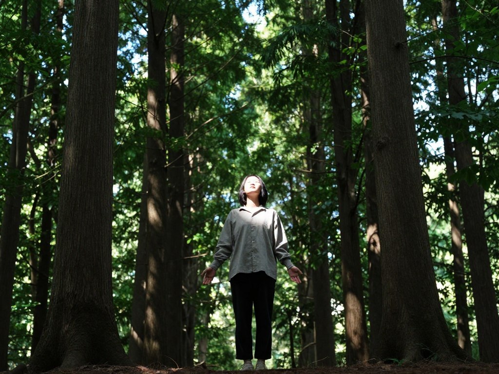 Person practicing mindful awareness in nature surrounded by trees