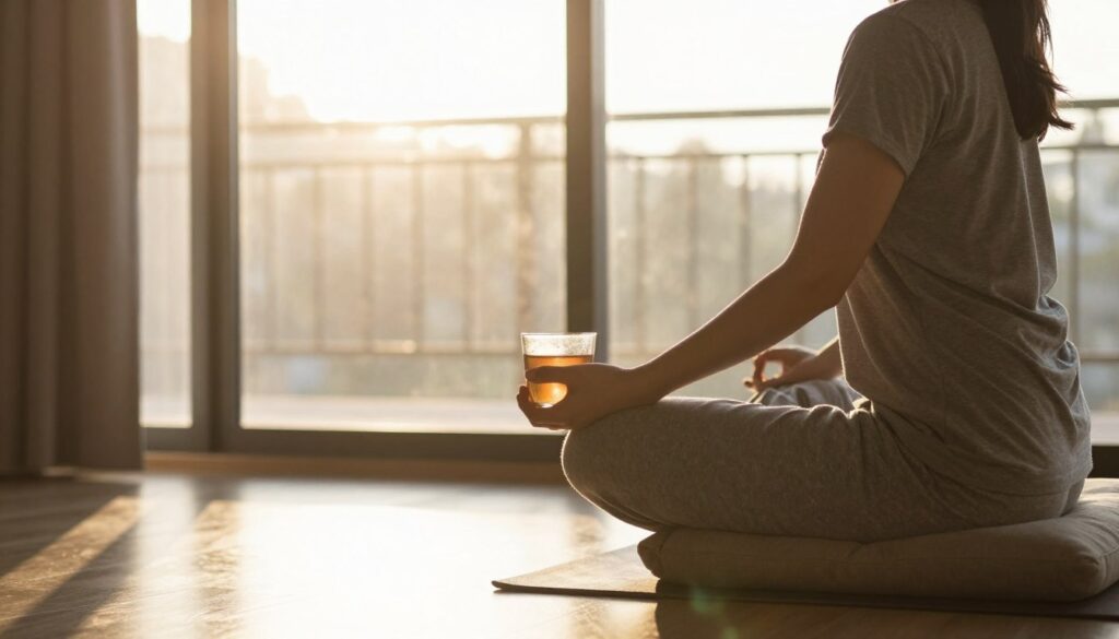 Person practicing morning meditation ritual by window with sunrise