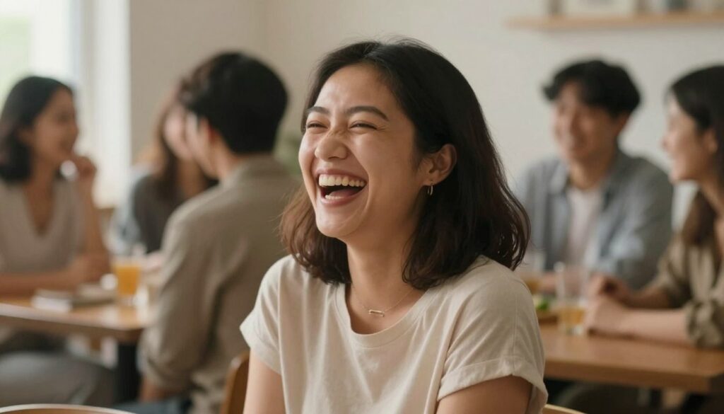 Person smiling genuinely in social setting showing readiness for new connections
