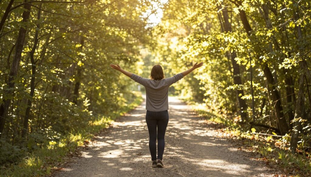 Person standing at beginning of peaceful path symbolizing journey to emotional freedom