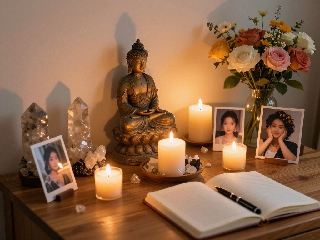 Personal altar with crystals candles and meaningful objects for meditation practice