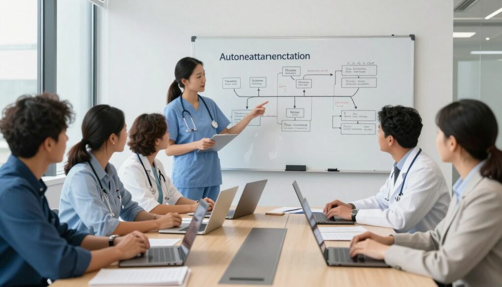 Project team meeting discussing healthcare automation implementation strategy with whiteboard planning
