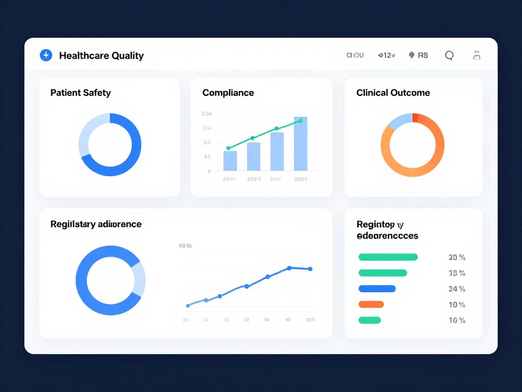 Quality metrics dashboard showing improved patient outcomes and compliance scores with automated health operations