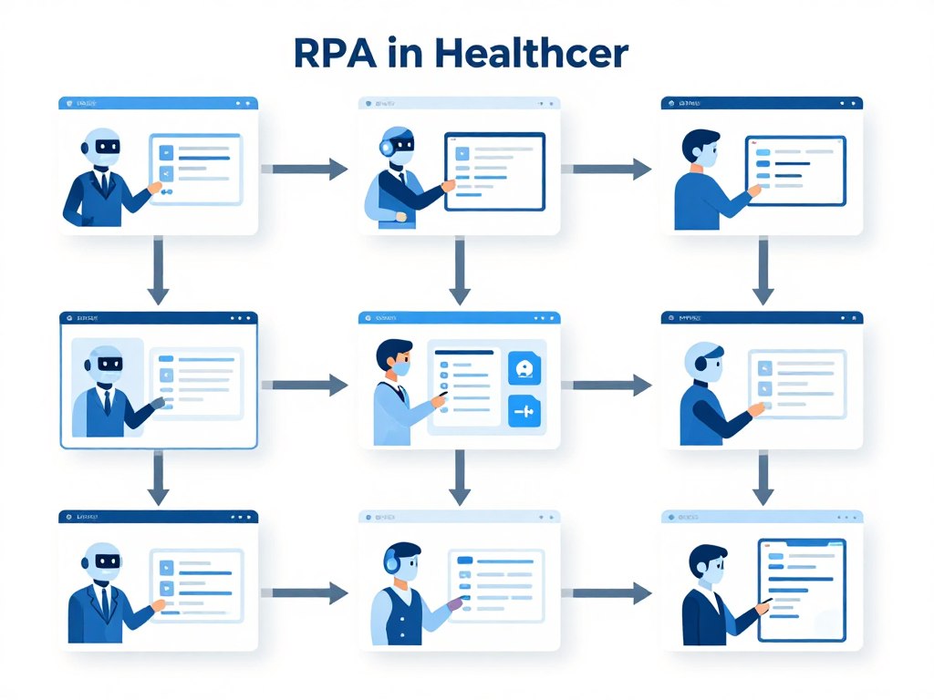 Robotic process automation workflow diagram showing automated tasks in healthcare operations