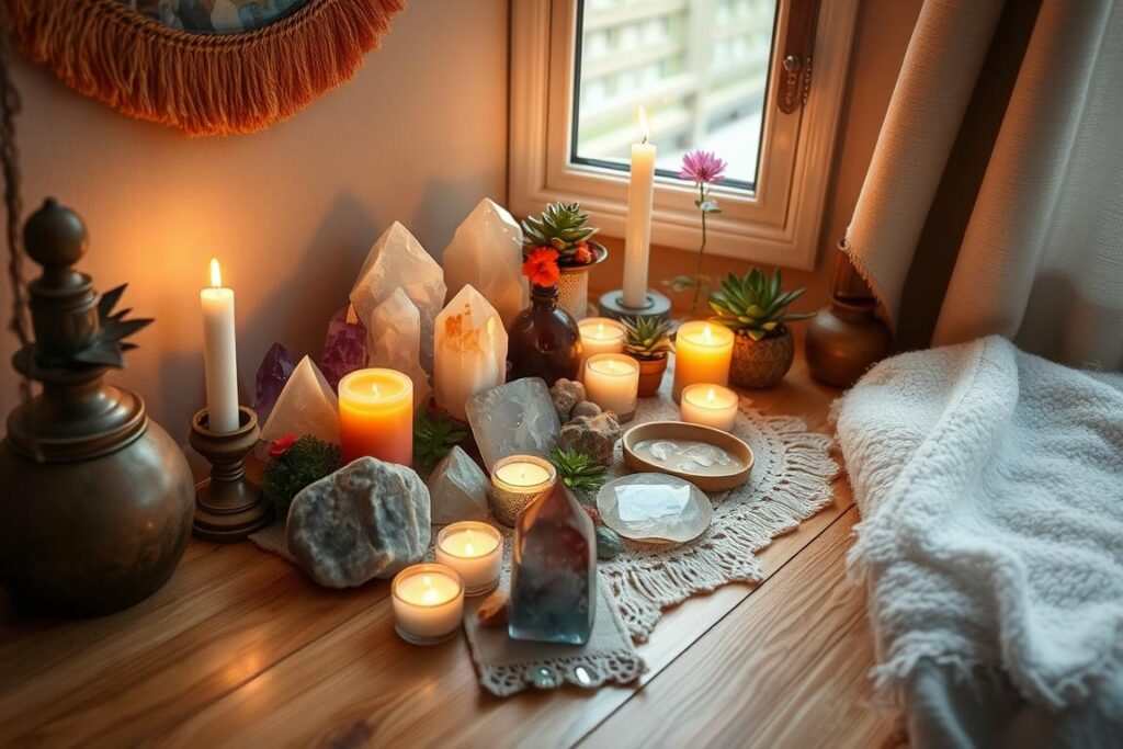 Sacred altar space with crystals, candles, and natural elements for energy work Sacred altar space with crystals, candles, and natural elements for energy work