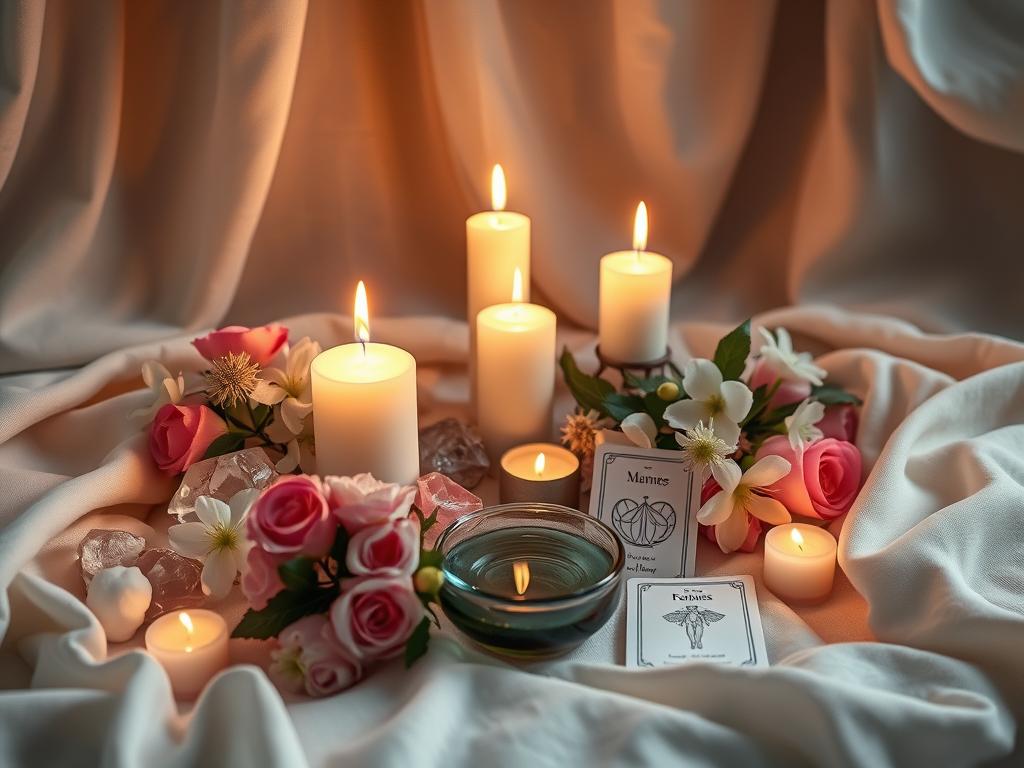 Sacred altar with candles, crystals, flowers and feminine ritual objects representing ceremony Sacred altar with candles, crystals, flowers and feminine ritual objects representing ceremony