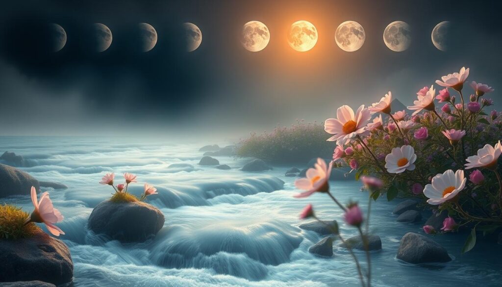 Sacred feminine energy represented through nature and flowing water symbolizing divine feminine healing