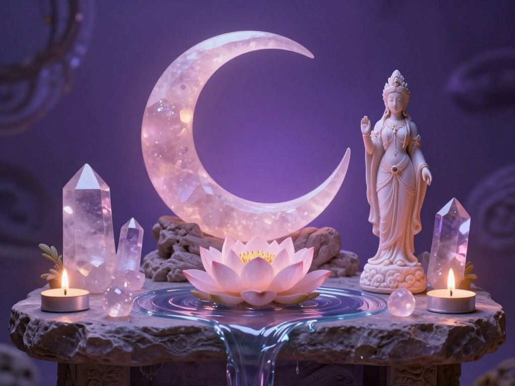 Sacred feminine symbols and elements representing the divine feminine journey