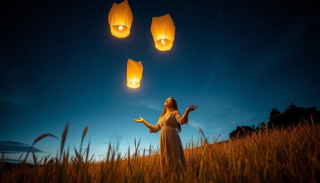 Spiritual Healing Imagery of a woman releasing glowing lanterns into the night sky