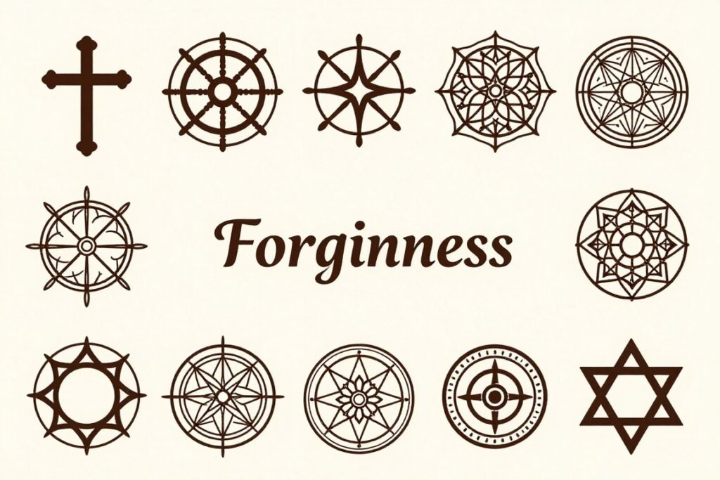 Spiritual and philosophical symbols representing different traditions' approaches to forgiveness