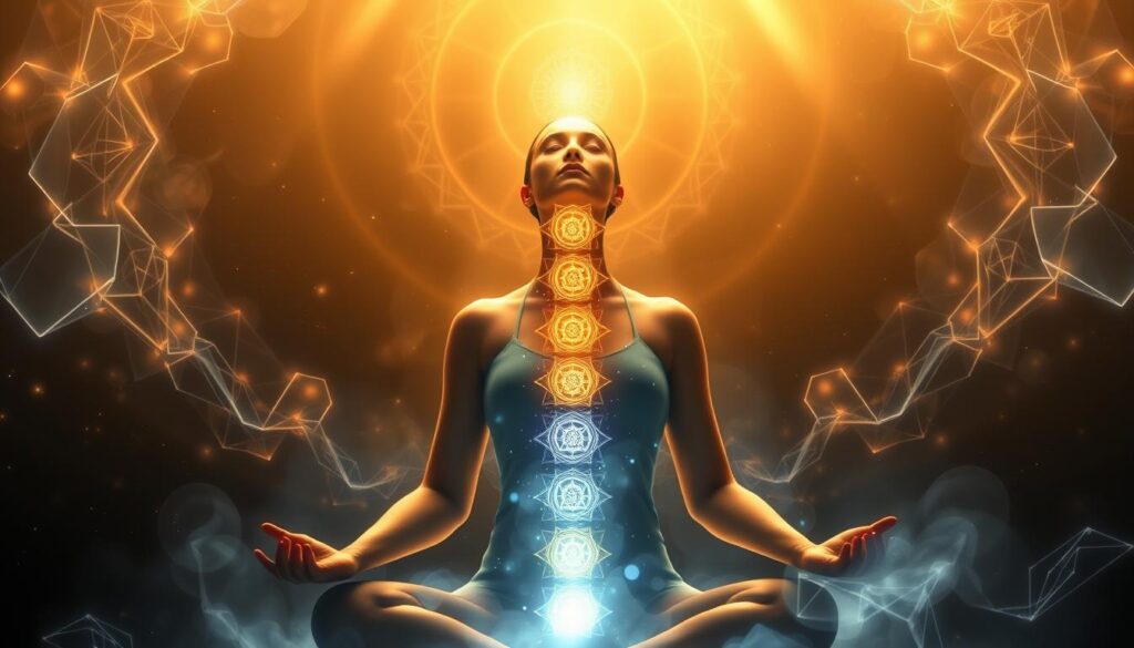 Spiritual transformation journey showing meditation and inner light awakening Spiritual transformation journey showing meditation and inner light awakening
