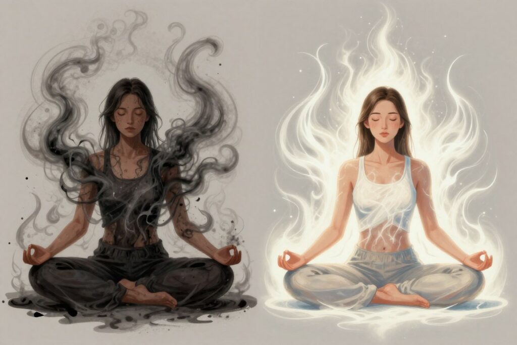 Split image showing blocked versus clear energy flow in meditation practice
