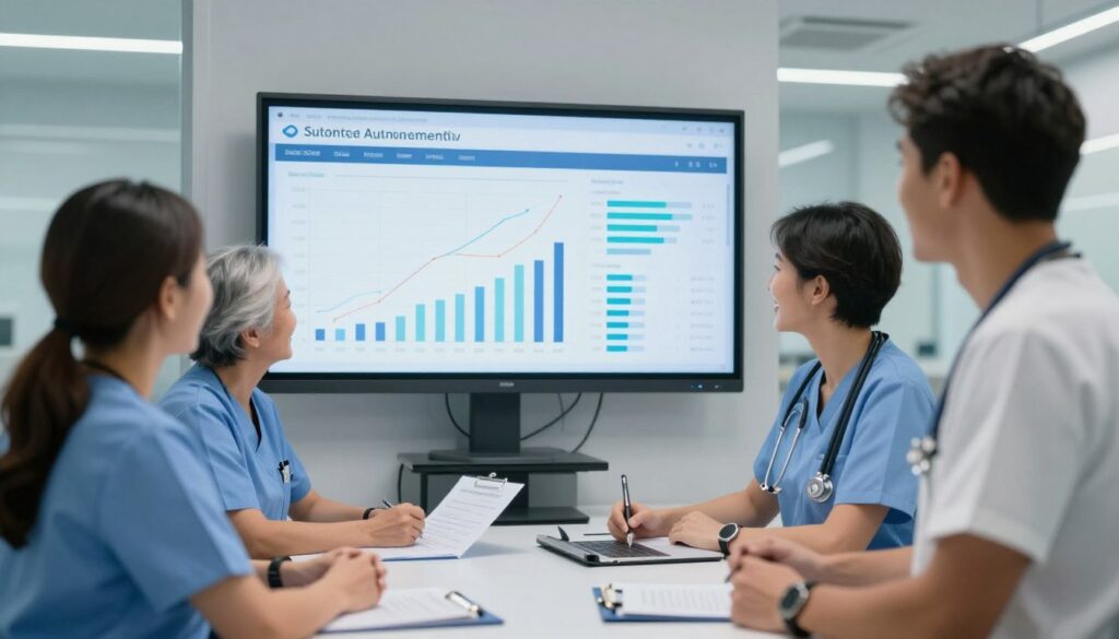 Successful healthcare automation implementation celebration with team reviewing positive results