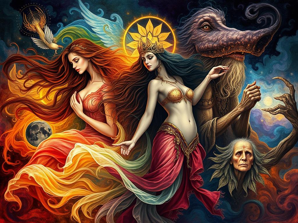 Symbolic representation of divine feminine archetypes in spiritual art Symbolic representation of divine feminine archetypes in spiritual art
