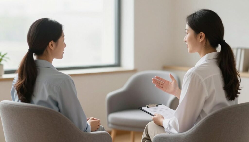 Therapist and client in supportive healing session demonstrating professional emotional support