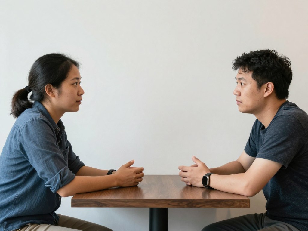 Two people having respectful conversation across table representing healthy boundaries