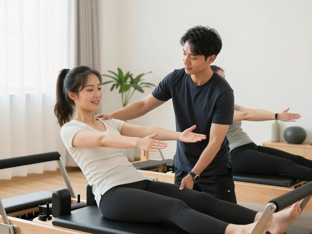 Two people practicing Pilates together at home Two people practicing Pilates together at home