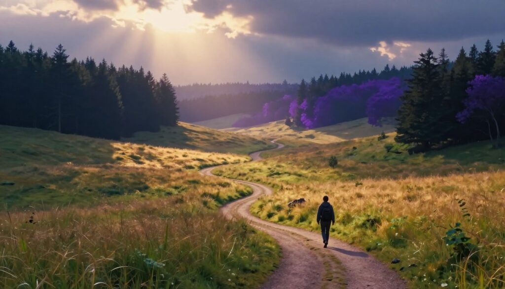 Visual metaphor of healing journey showing path from darkness to light through natural landscape