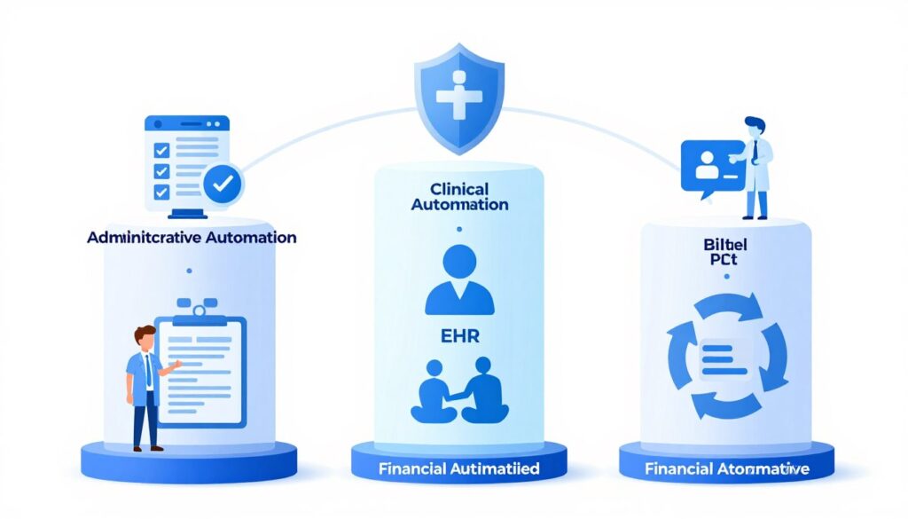 Visual overview of different healthcare automation categories showing administrative, clinical, and financial systems