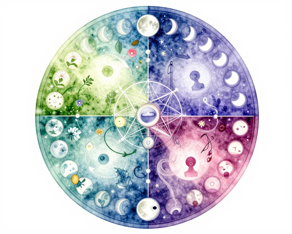 Visual representation of feminine cycles and seasons with nature symbolism Visual representation of feminine cycles and seasons with nature symbolism