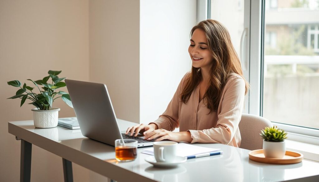 Woman balancing work and self-care in daily life with calm presence Woman balancing work and self-care in daily life with calm presence