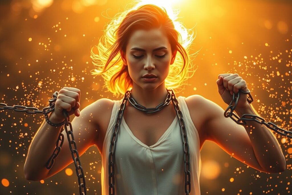 Woman breaking free from chains of shame with sacred feminine healing light surrounding her