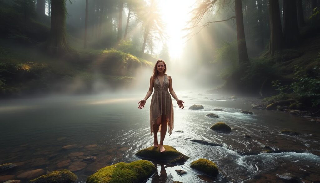 Woman connecting with nature energy near flowing water and forest Woman connecting with nature energy near flowing water and forest