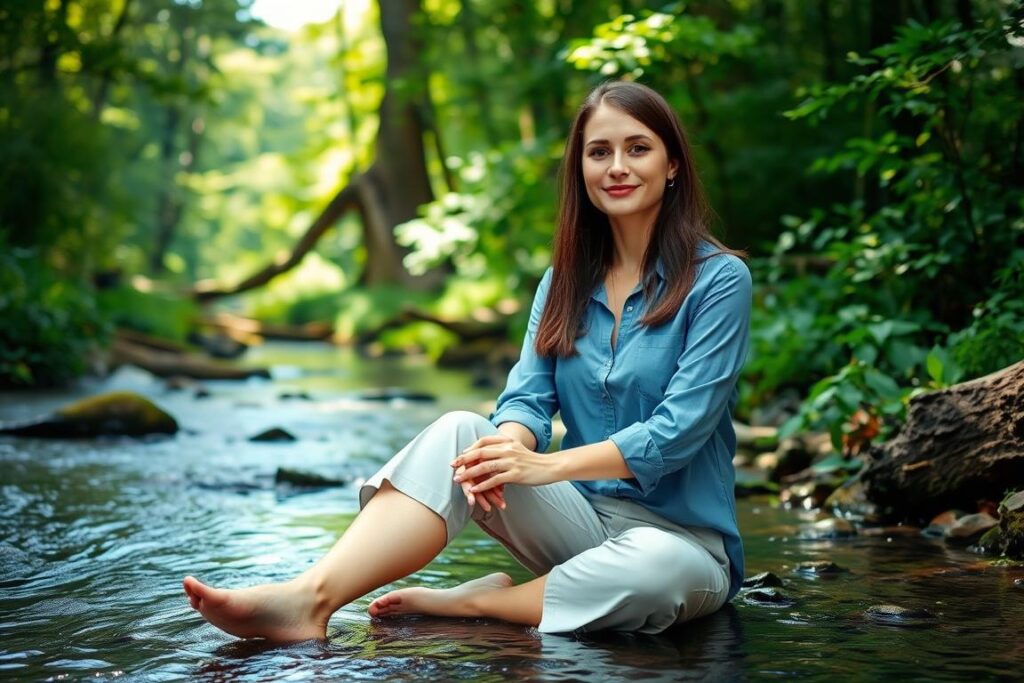Woman connecting with nature for sacred feminine healing and elemental energy