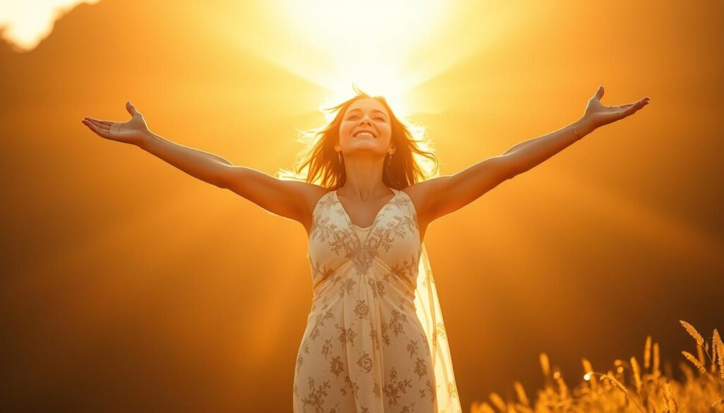 Woman embodying sacred feminine healing radiating confidence and inner peace