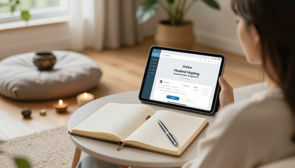 Woman engaging with online healing program on tablet with journal and meditation space