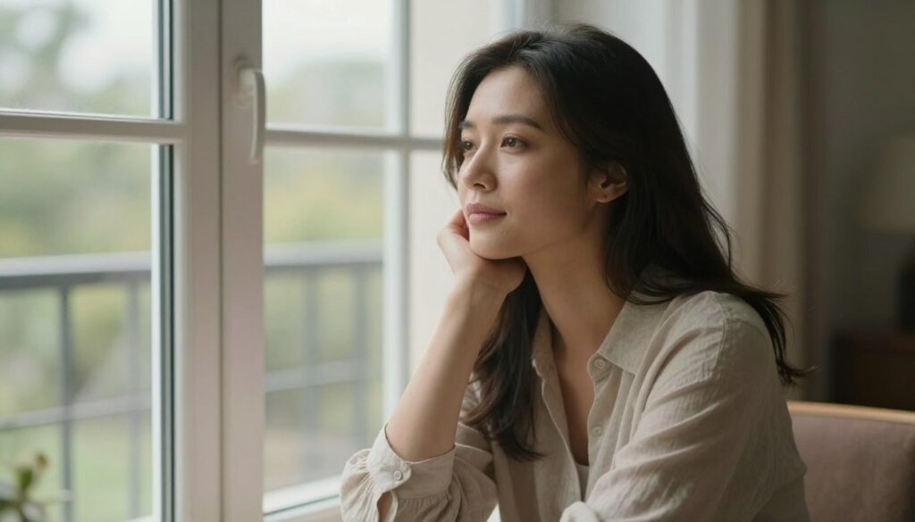 Woman in contemplative pose by window with soft natural light showing emotional depth and self-reflection Woman in contemplative pose by window with soft natural light showing emotional depth and self-reflection