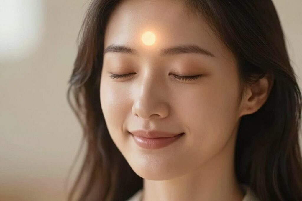 Woman in deep meditation connecting with inner wisdom