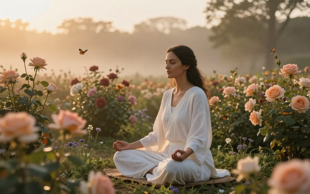 Woman in deep meditation outdoors surrounded by flowers and nature representing inner peace Woman in deep meditation outdoors surrounded by flowers and nature representing inner peace