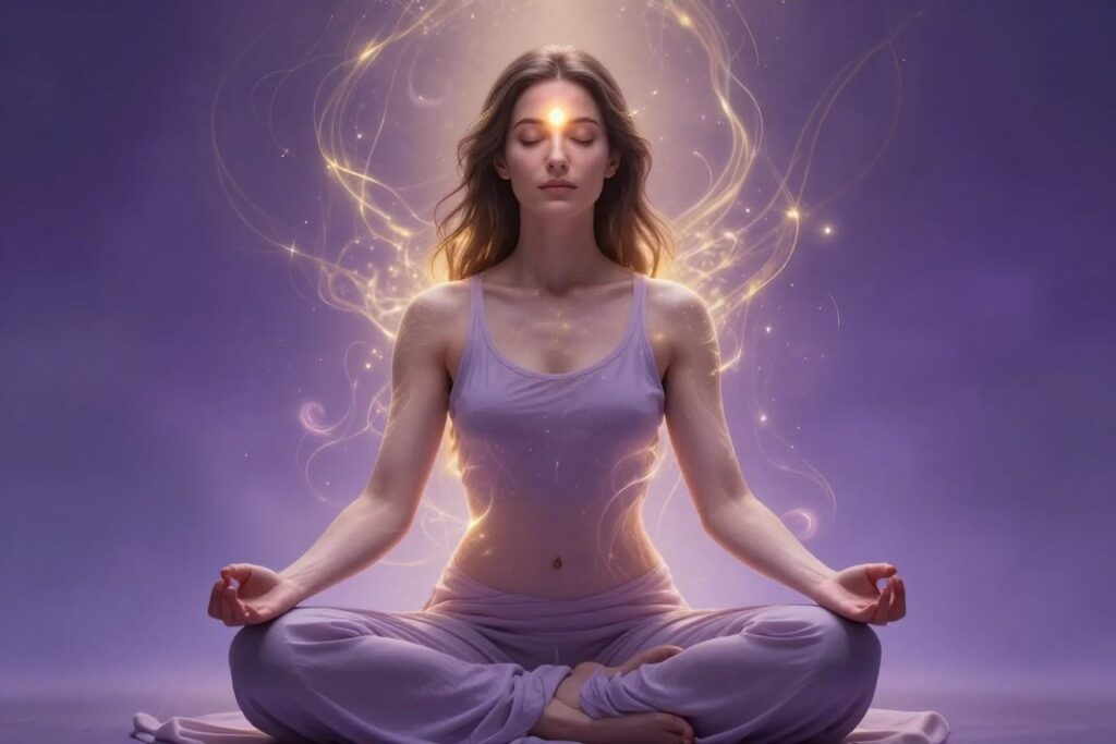 Woman in deep meditation showing advanced sacred feminine practice and spiritual connection Woman in deep meditation showing advanced sacred feminine practice and spiritual connection