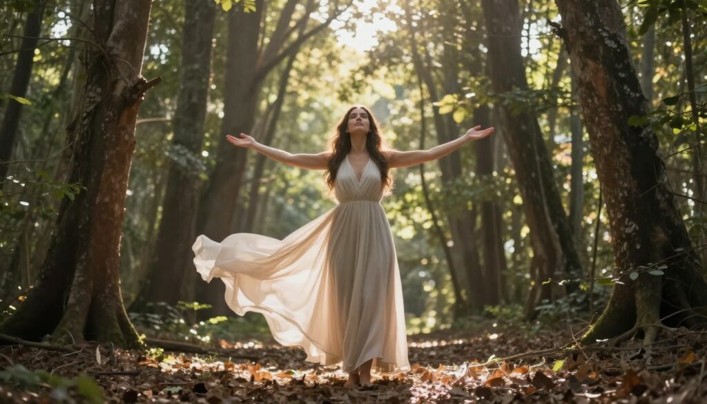 Woman in nature connecting with feminine wisdom and energy