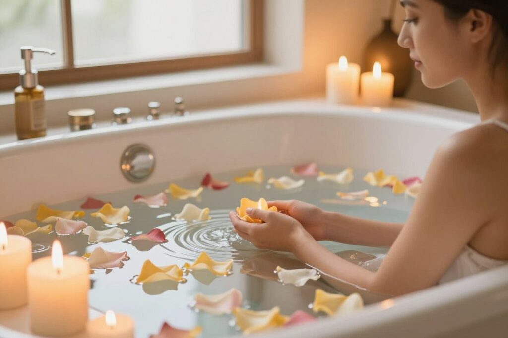 Woman in self-care bath surrounded by candles and flowers representing self-love and pleasure Woman in self-care bath surrounded by candles and flowers representing self-love and pleasure
