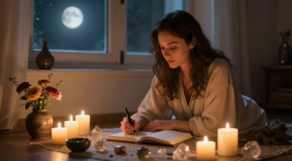Woman journaling by candlelight during moon ritual ceremony representing cyclical awareness Woman journaling by candlelight during moon ritual ceremony representing cyclical awareness