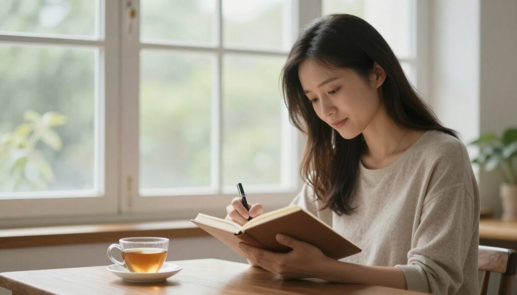Woman journaling by window processing emotions after relationship ending