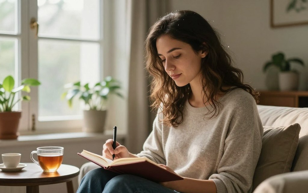 Woman journaling peacefully integrating experiences and insights from transformation work Woman journaling peacefully integrating experiences and insights from transformation work