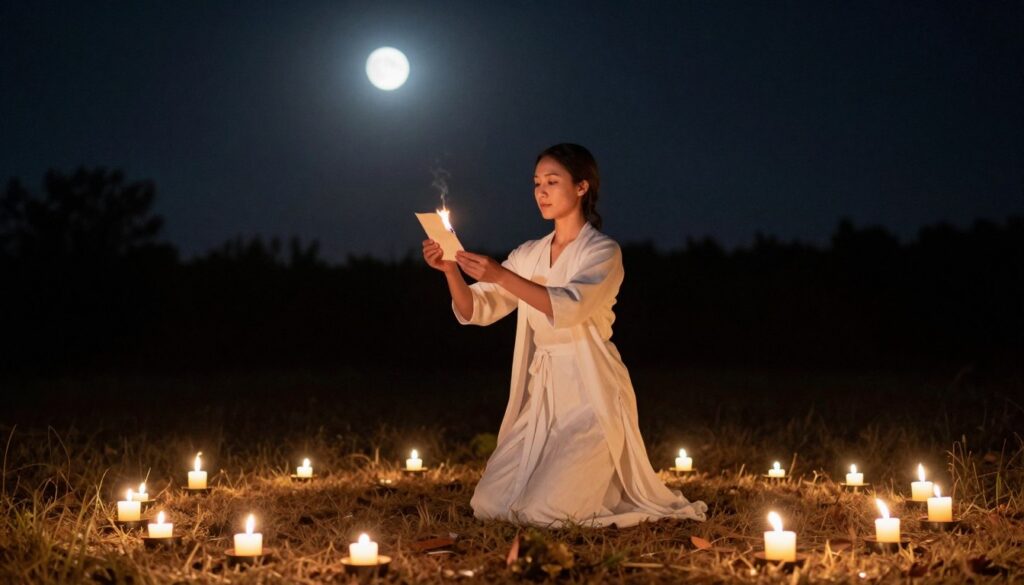 Woman performing full moon ceremony outdoors with candles and natural elements Woman performing full moon ceremony outdoors with candles and natural elements