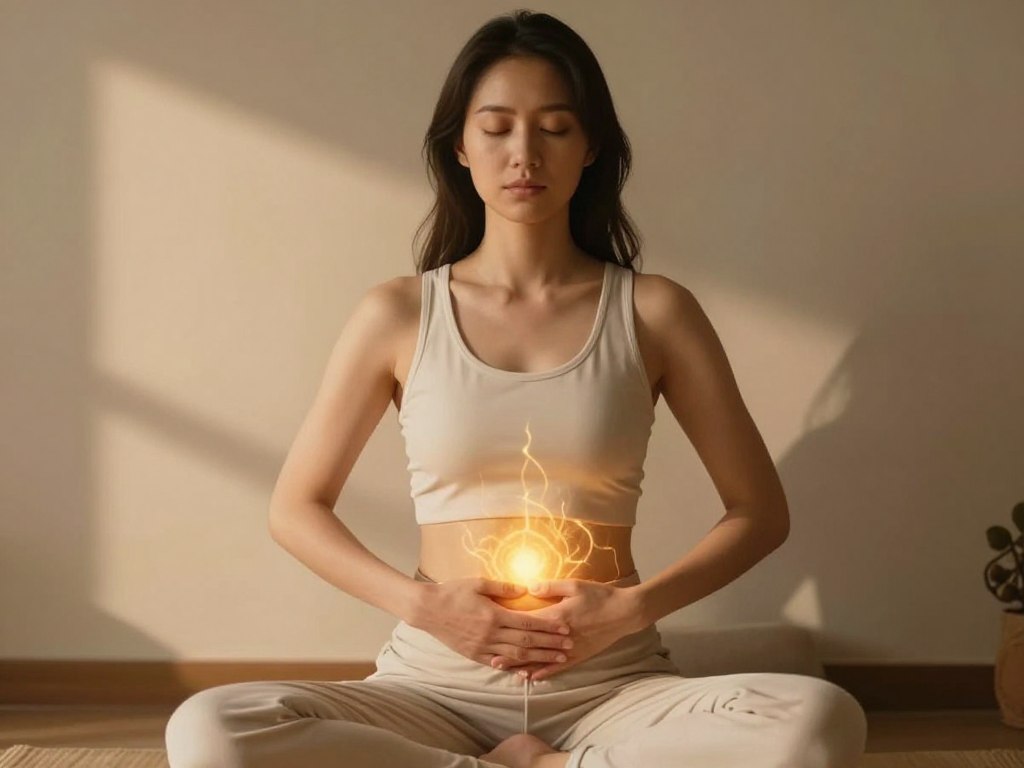 Woman practicing breathwork meditation for womb healing and divine feminine connection Woman practicing breathwork meditation for womb healing and divine feminine connection