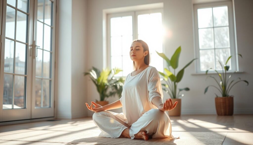 Woman practicing mindful meditation for energy balance in peaceful morning light Woman practicing mindful meditation for energy balance in peaceful morning light