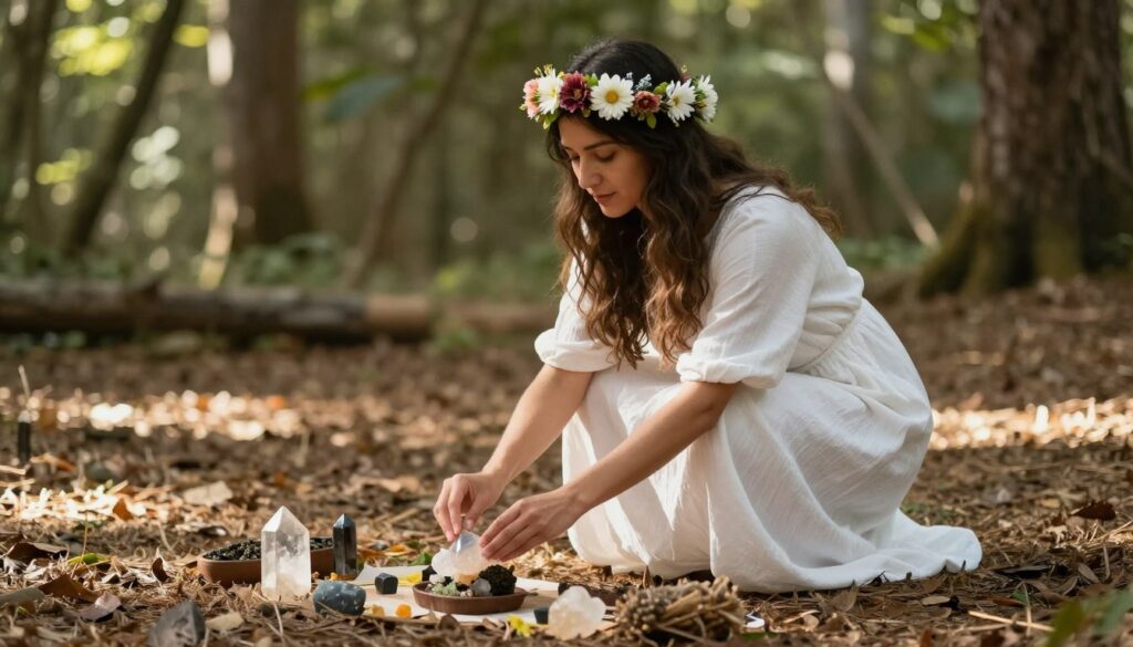 Woman practicing sacred feminine rituals in nature for inner freedom and self-connection Woman practicing sacred feminine rituals in nature for inner freedom and self-connection