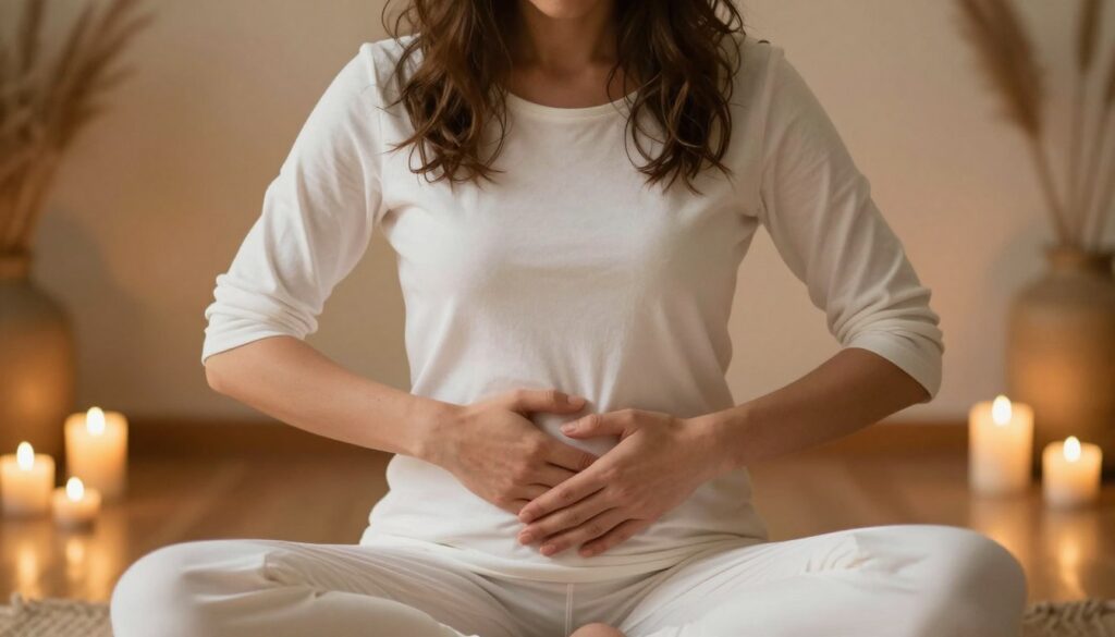 Woman practicing womb breathing technique with hands on lower belly