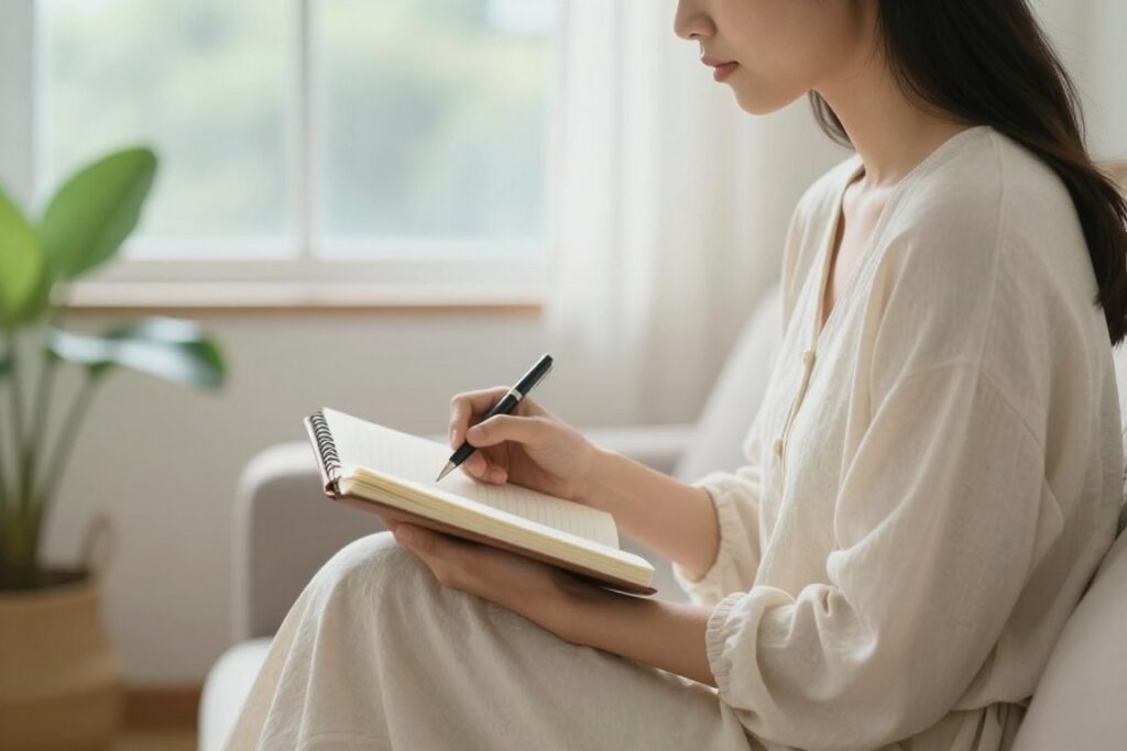 Woman reflecting on emotional patterns through journaling and self-awareness practices