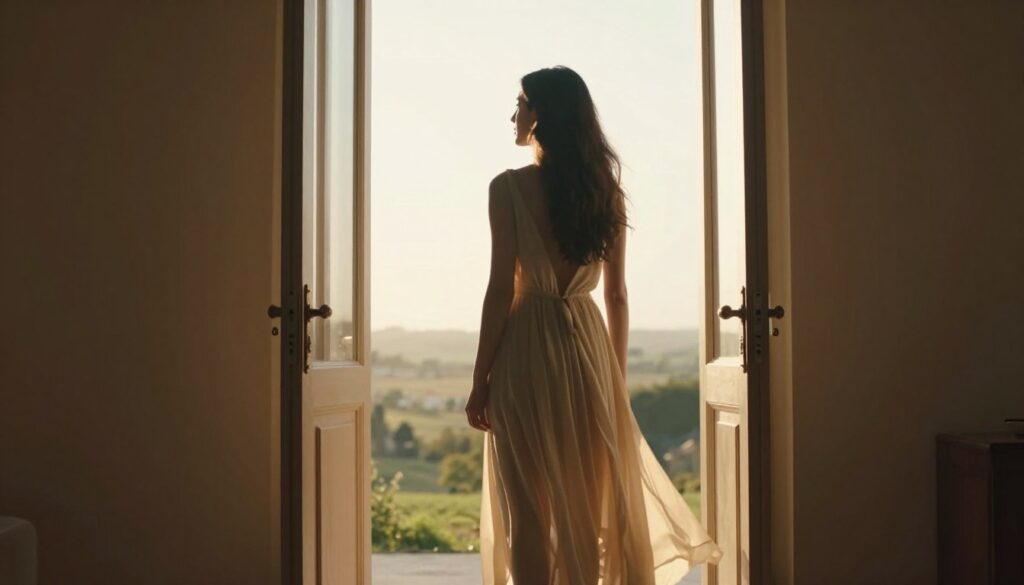 Woman standing at threshold or doorway symbolizing beginning of transformation journey Woman standing at threshold or doorway symbolizing beginning of transformation journey