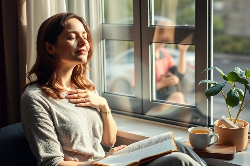 Woman taking a mindful pause for self-reflection and energy assessment Woman taking a mindful pause for self-reflection and energy assessment