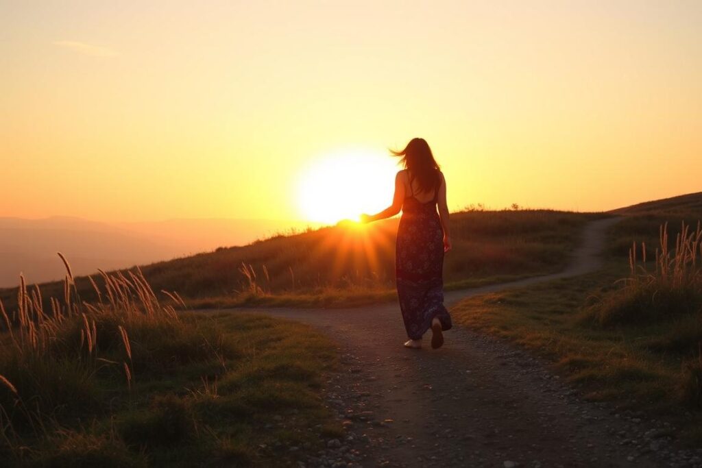 Woman taking first steps on sacred feminine healing journey at sunrise