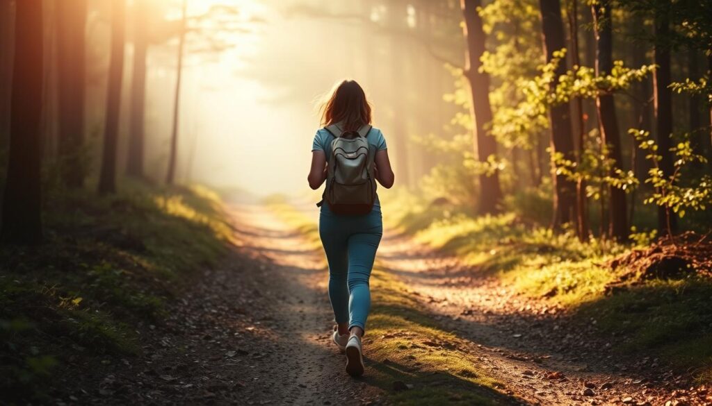 Woman walking forward on a path through nature symbolizing journey ahead Woman walking forward on a path through nature symbolizing journey ahead